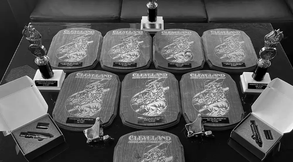 Cleveland Tattoo Arts Convention award plaques at Blackwater Ink