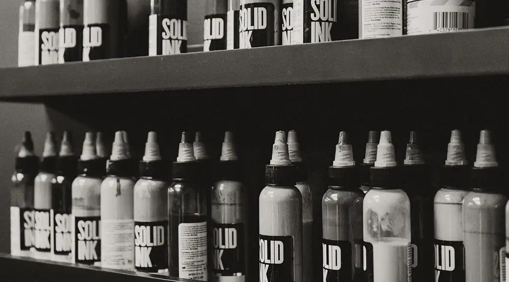 Tattoo ink shelf at Blackwater Ink in Niles, Ohio