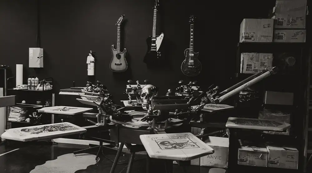 In-house screenprinting and studio equipment at Blackwater Ink in Niles, Ohio